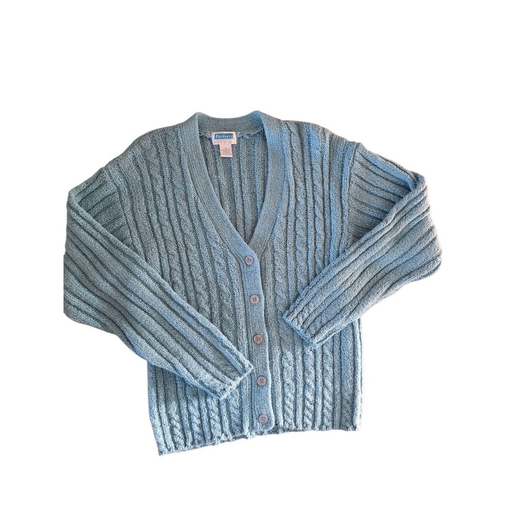 Vtg Mervyn's Partners Womens Medium Light Blue Button‎ Front Cardigan Cable Knit